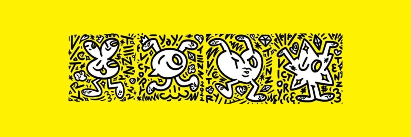 Victory TENZ, four doodle characters on yellow